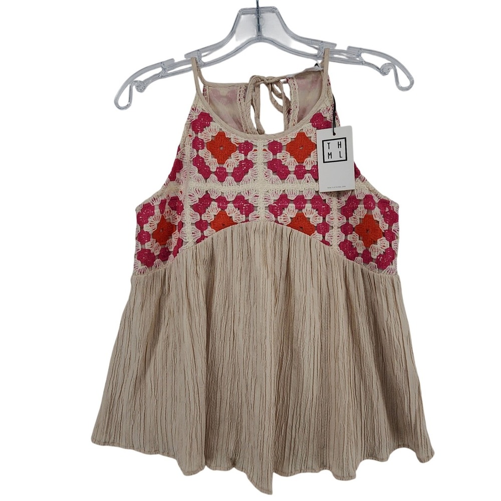 THML XS Beige Crochet Granny Square Halter Boho Babydoll Peplum Tank Top Festivl